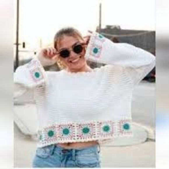 Sincerely Jules Crochet Open Knit Cropped Top Sz M Cottagecore - Picture 1 of 9